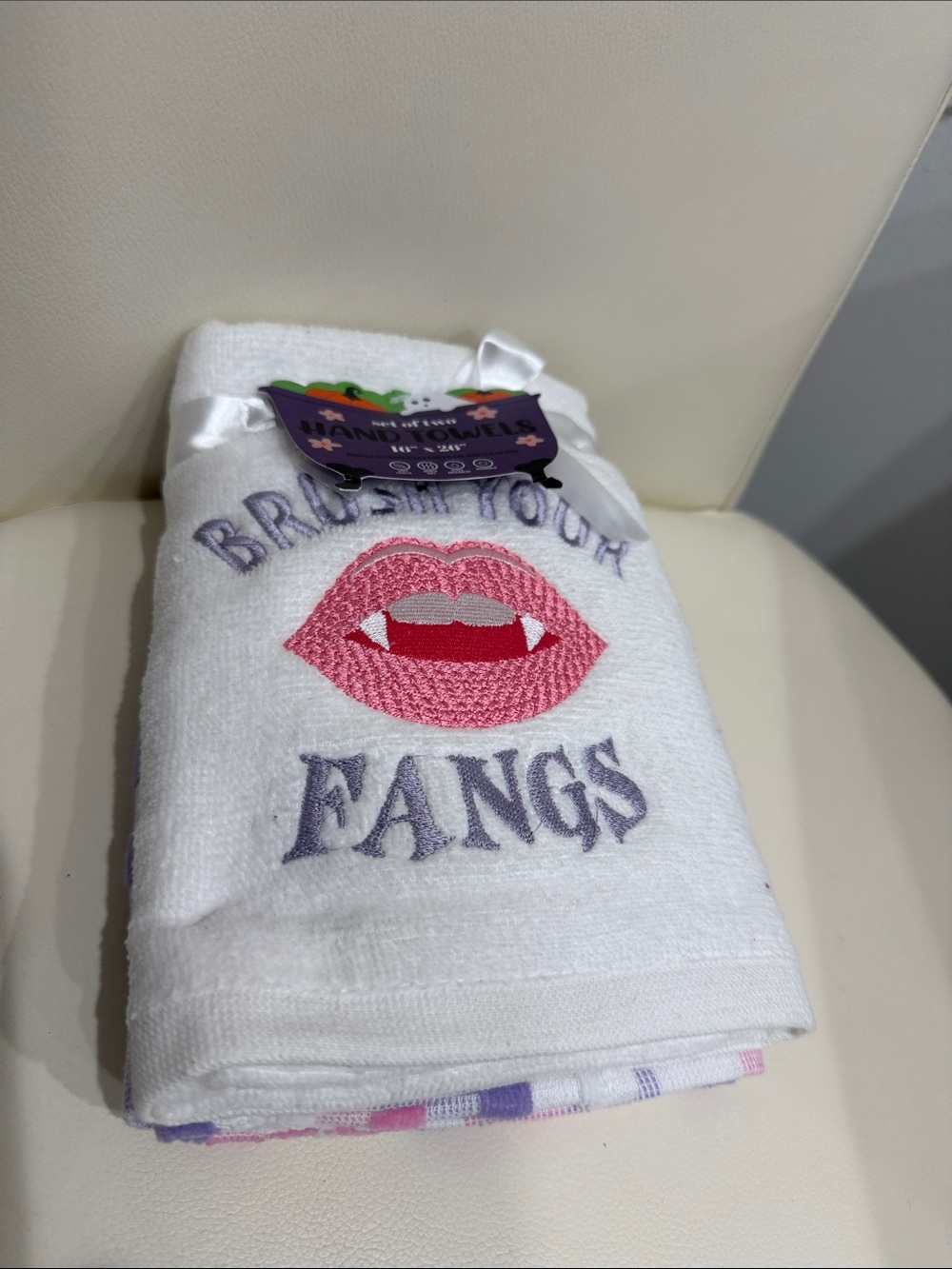 Set of 2 Halloween White Hand Towels with Pink Lips & Purple 'Fangs' Design